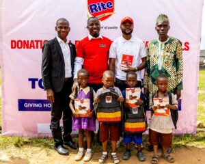 From Left: Ismail Ganiyu, Head, Human Resources; with Ekuma Eze, Head, Corporate Affairs and Sustainability; Olalere Jamal Olawale, Production Supervisor, all of Rite Foods Limited; and Idris Mukailia Olakunle, Head Teacher, Moslem Primary School, Ososa, Ogun State; during the donation of school bags and exercise books by Rite Foods Limited to pupils of Moslem Primary School, on Wednesday, 28th May 2025, as part of its corporate social responsibility (CSR) initiative in commemorating the Children’s Day celebration, where 2,000 school bags and 4,000 exercise books were donated to primary school pupils in Ogun and Lagos States, including the Federal Capital Territory, Abuja.